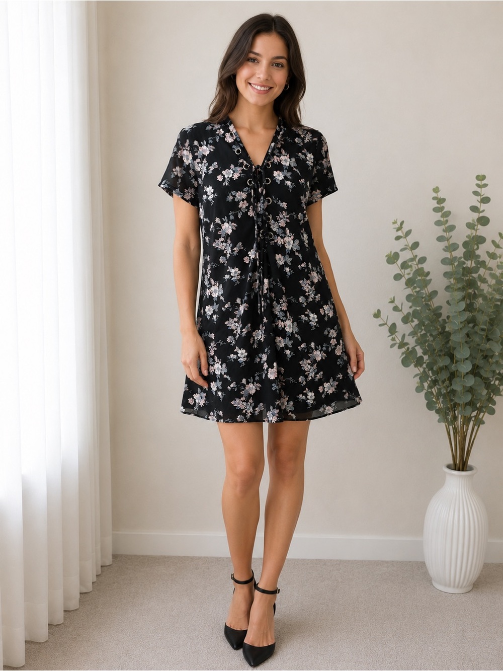 Sacè Black Floral Mini Dress Lace-Up V-Neck Sheer Medium